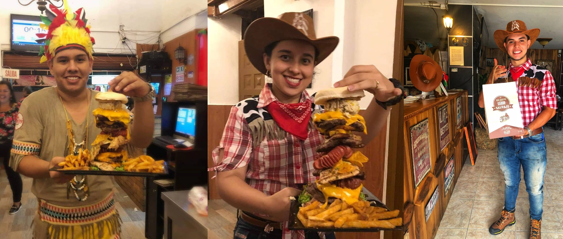 Collage promocional del Restaurante Salvaje que muestra a nuestro personal temático, incluyendo un nativo americano, una cowgirl y un cowboy, presentando nuestras hamburguesas gigantes en el ambiente del local.